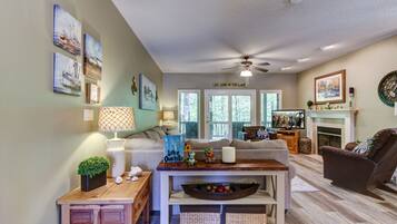 TV, fireplace, DVD player, books