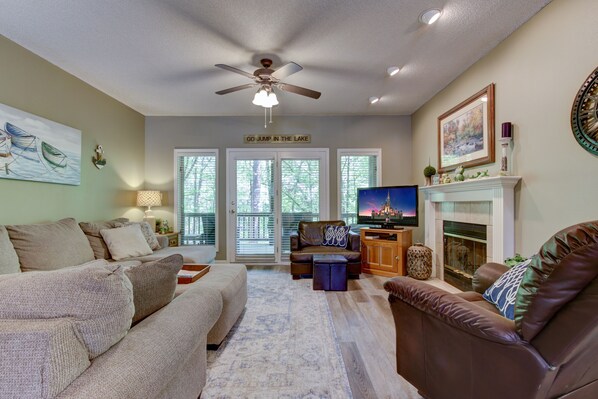 Televisión, chimenea, reproductor de DVD y libros