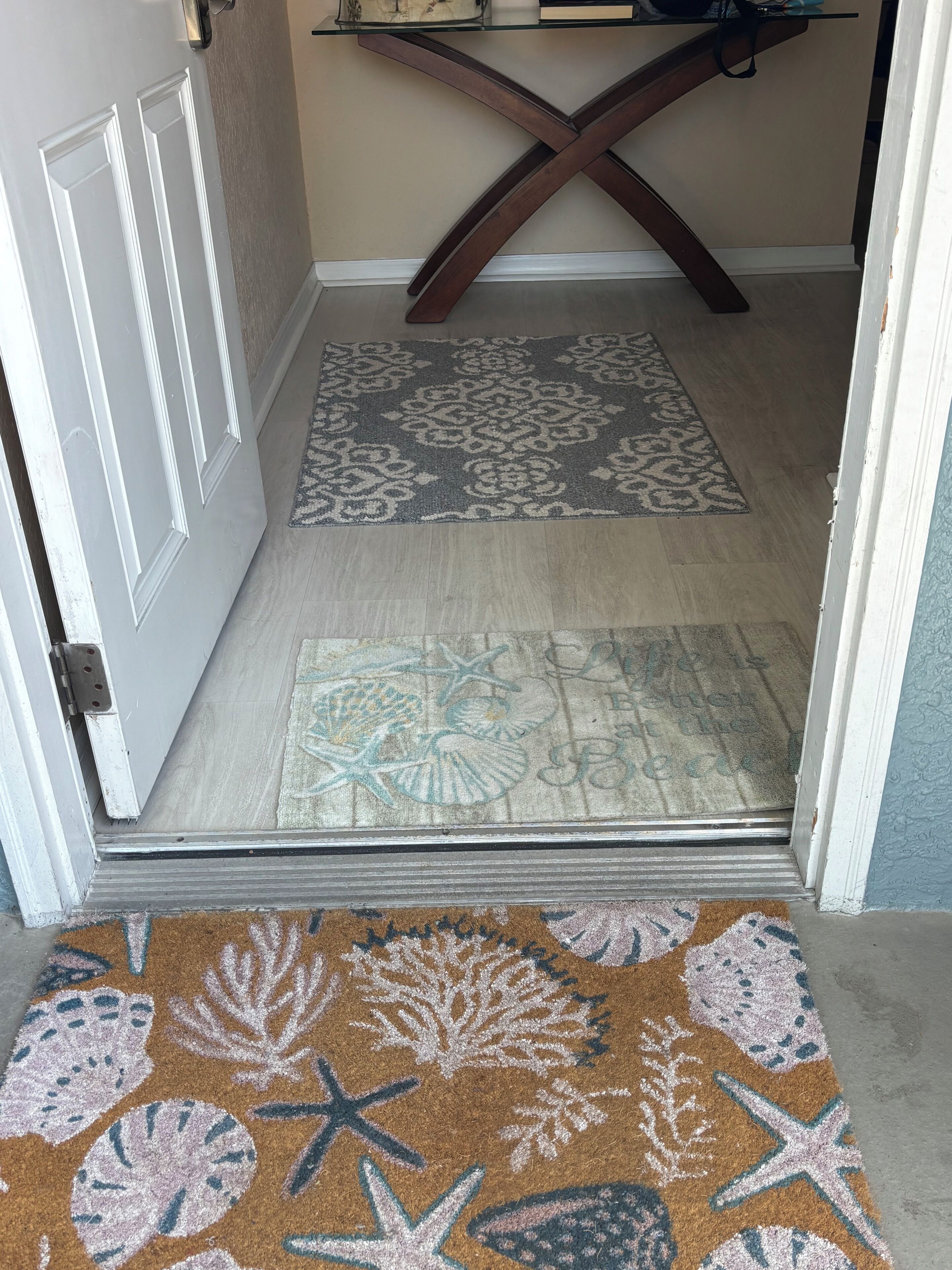 A doorway with a patterned rug, a doormat with sea-themed designs, and a wooden floor.