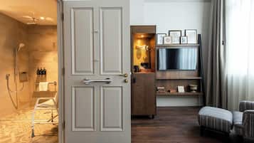 Habitación de hotel con ducha, puerta, televisor, sofá y armario.