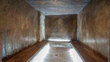 Relax in a spacious room with a large bathtub and shower, set against a high ceiling.