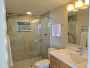 A modern bathroom with a glass-enclosed shower, a white toilet, and a vanity with a sink and mirror.