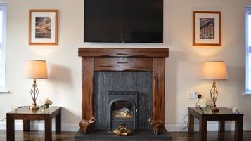 Smart TV, fireplace, DVD player, books