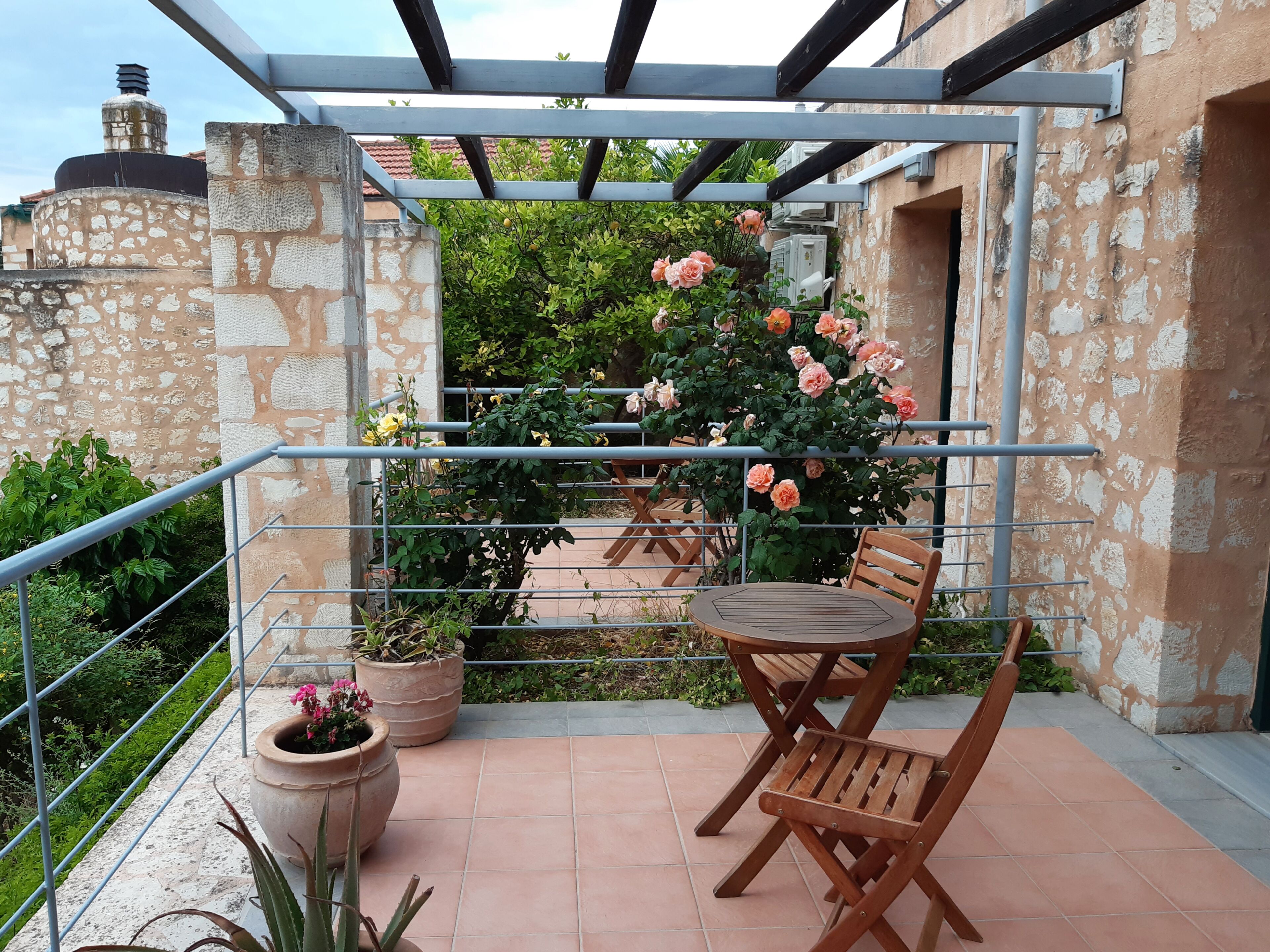 Une terrasse extérieure avec une table et des chaises, entourée de plantes en pot et d’arbustes en fleurs.