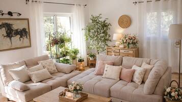 Télévision, cheminée, lecteur de DVD, livres