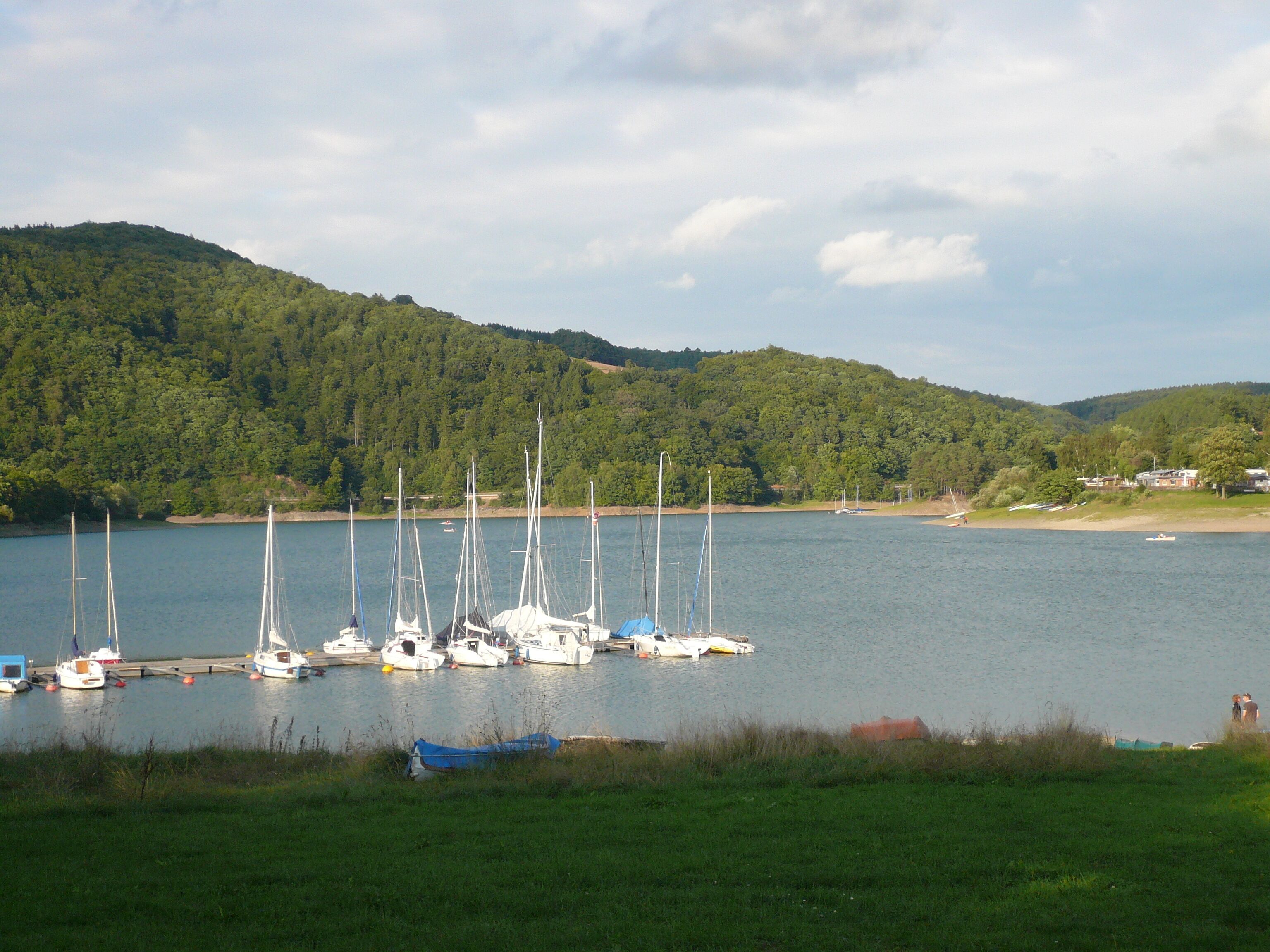 Ein Yachthafen mit mehreren Segelbooten, umgeben von üppigen grünen Hügeln und blauem Himmel.