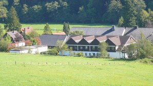 Eine Reihe von Wohnhäusern mit Satteldächern, umgeben von einem grünen Feld und dichtem Wald.