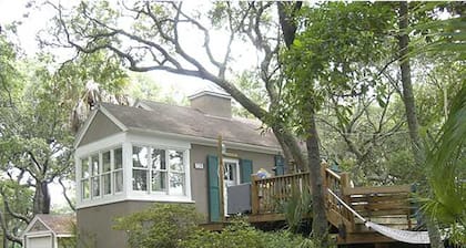Romantic, cozy cottage nestled amongst live oaks & palms, a block from beach.