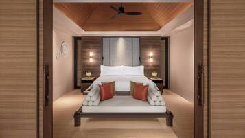 Un dormitorio moderno con techo de madera, una cama con ropa de cama blanca y almohadas rojas, dos mesitas de noche con lámparas y un amplio ventanal con persianas.