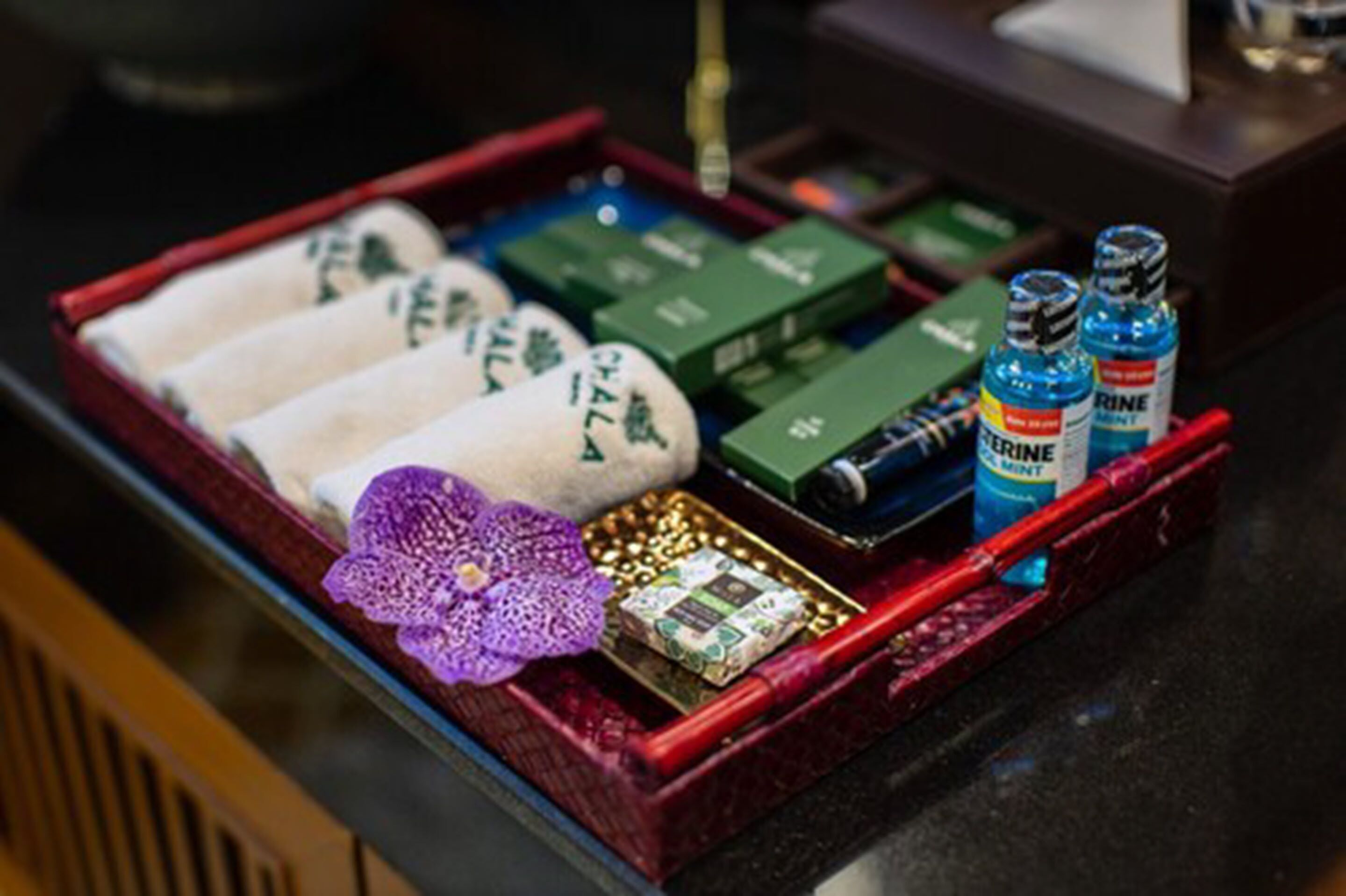 A tray with various items including a purple flower, a gold coin, a small electronic device, and two bottles of RINE.