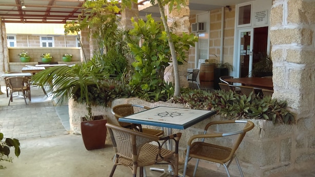 An outdoor patio area with wicker chairs, a table with a compass design, and various potted plants. - Shark Bay Hotel (Denham)