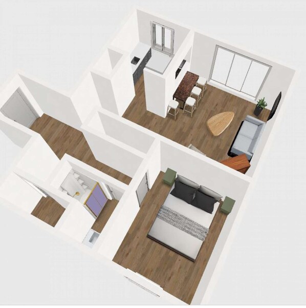 Un appartement moderne comprenant un espace de vie, un coin repas, une cuisine et une chambre.