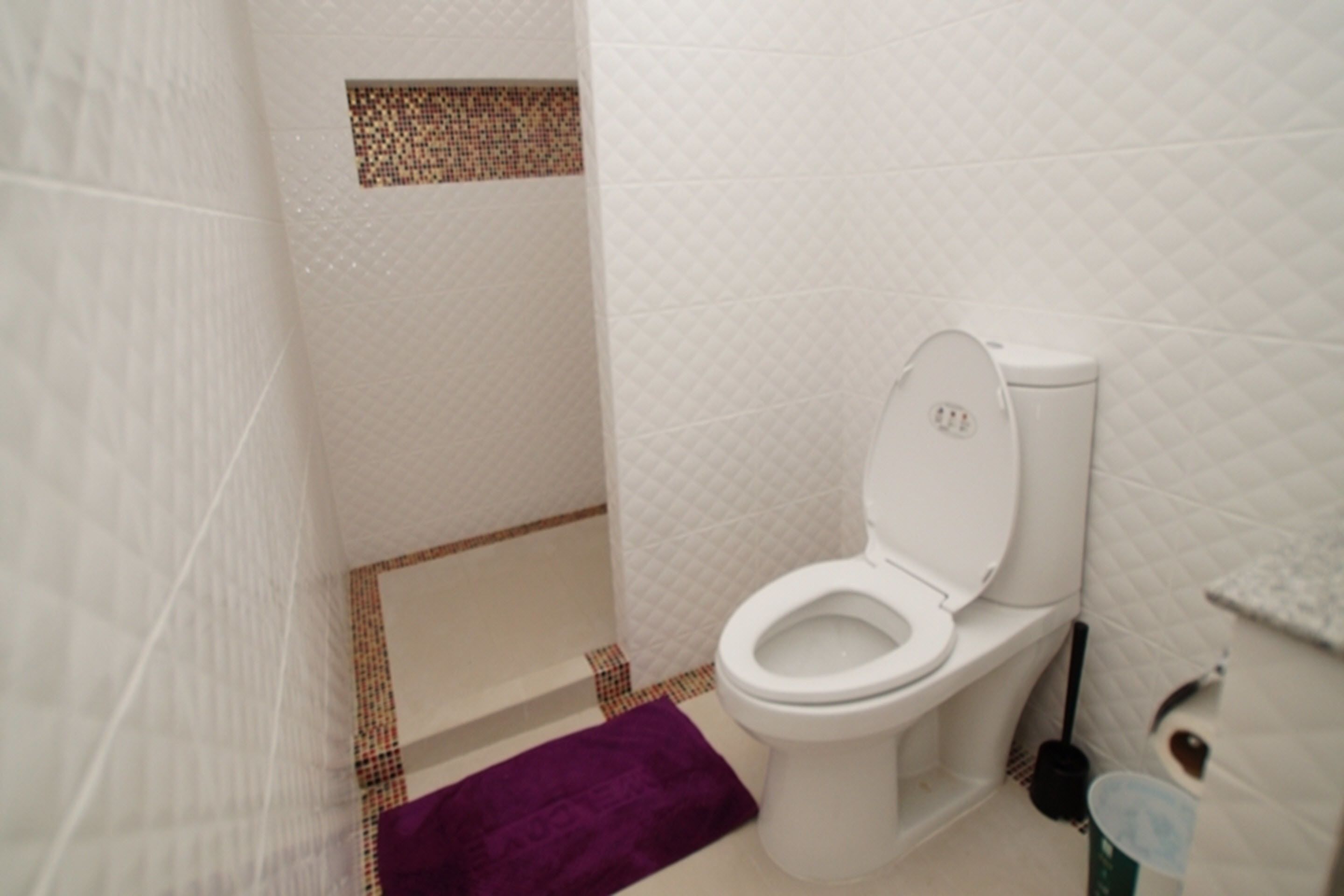 A bathroom with a white toilet, a purple bath mat, and a shower area.