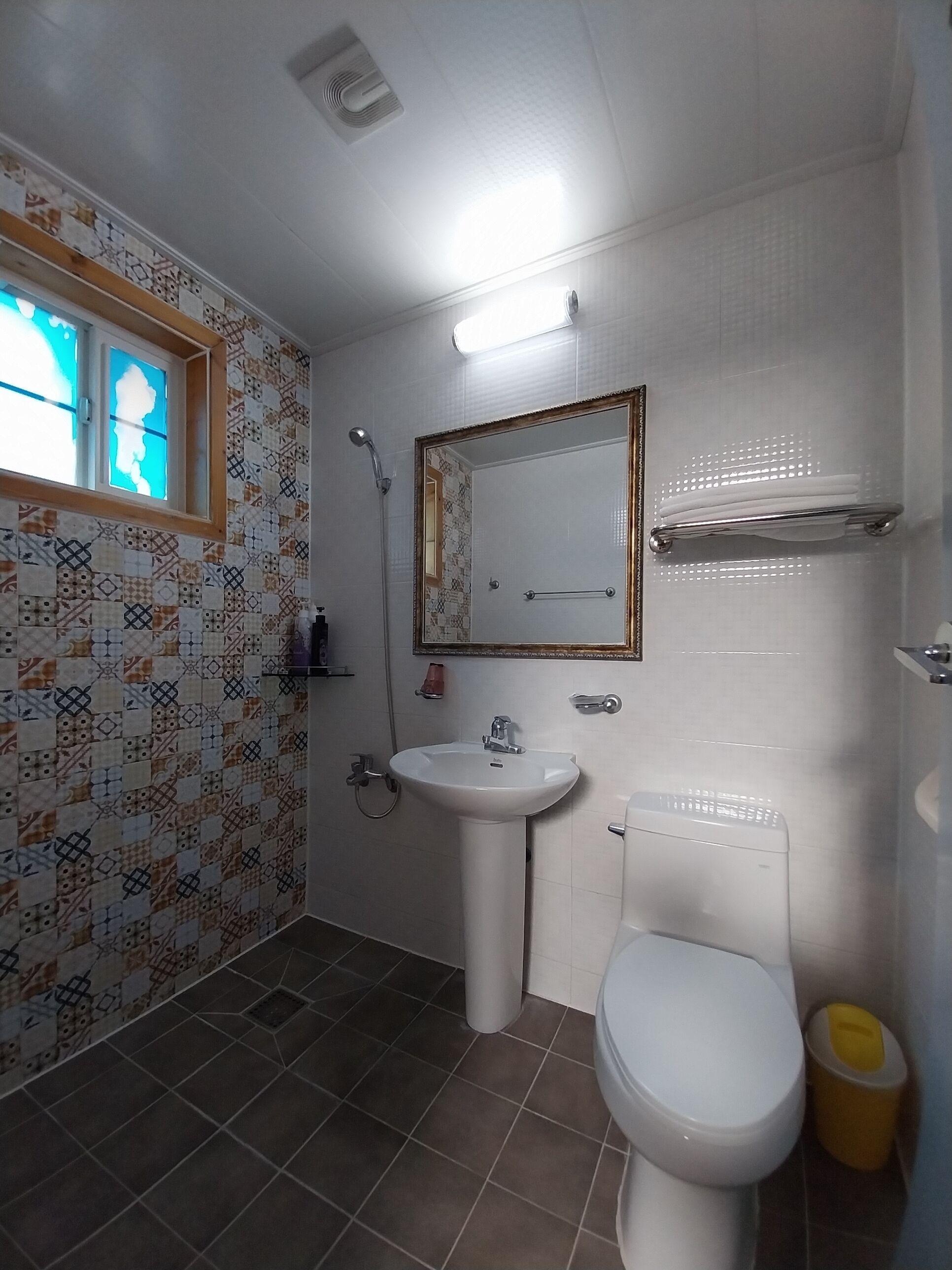 A bathroom with a patterned tile wall, a sink, a toilet, and a shower.