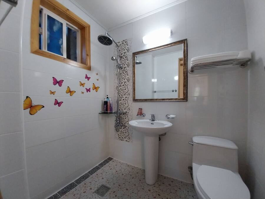 Casa de banho com janela, chuveiro, lavatório e sanita.