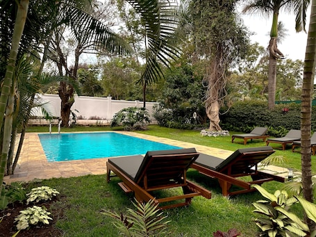 Outdoor pool, sun loungers