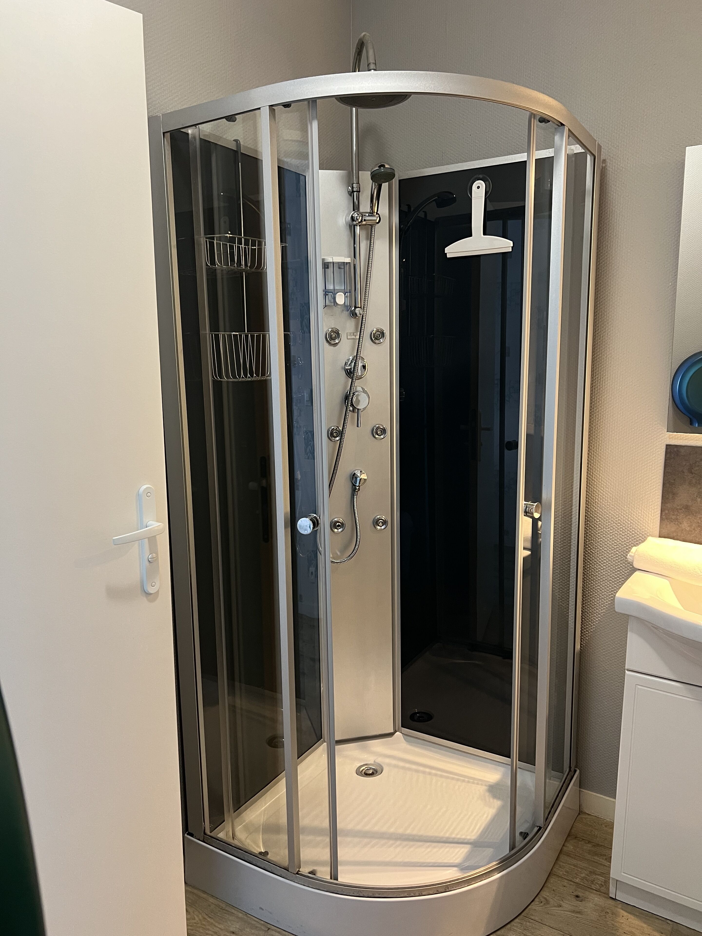 A glass-enclosed shower stall with a white sink and cabinet to the right.