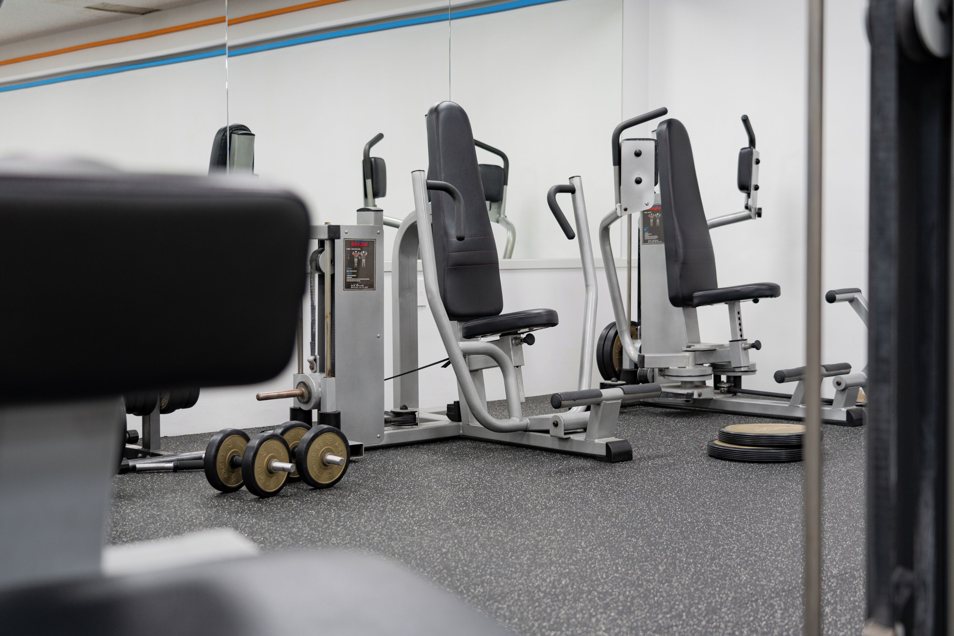 Uma academia com equipamentos de ginástica, incluindo aparelhos de musculação e halteres.