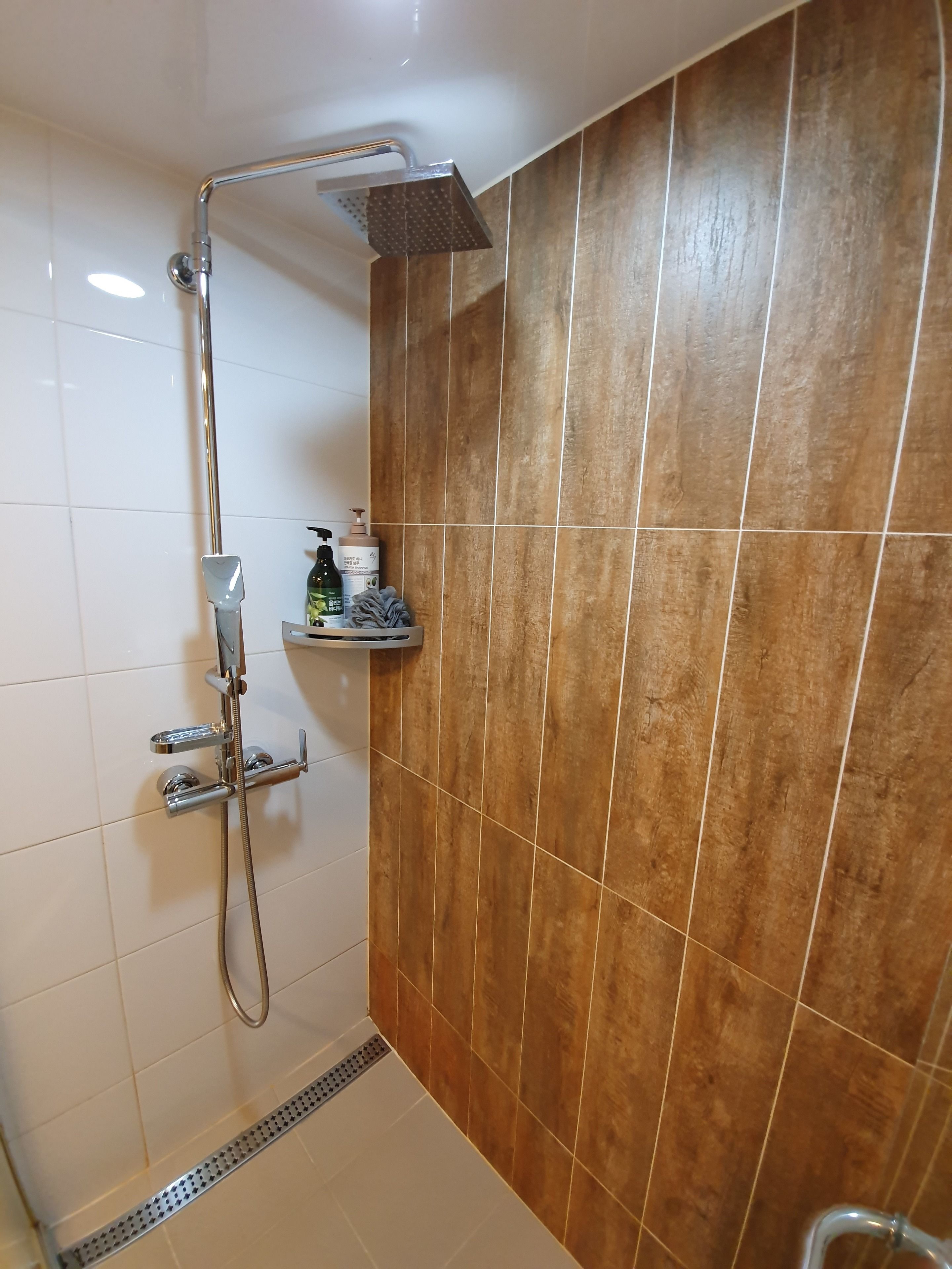 Une douche moderne dotée d’un pommeau de douche à main et d’une douche à pluie fixée au plafond.