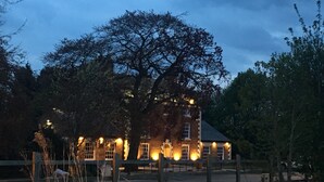 Een groot, historisch gebouw met veel ramen en een opvallende boom ervoor.