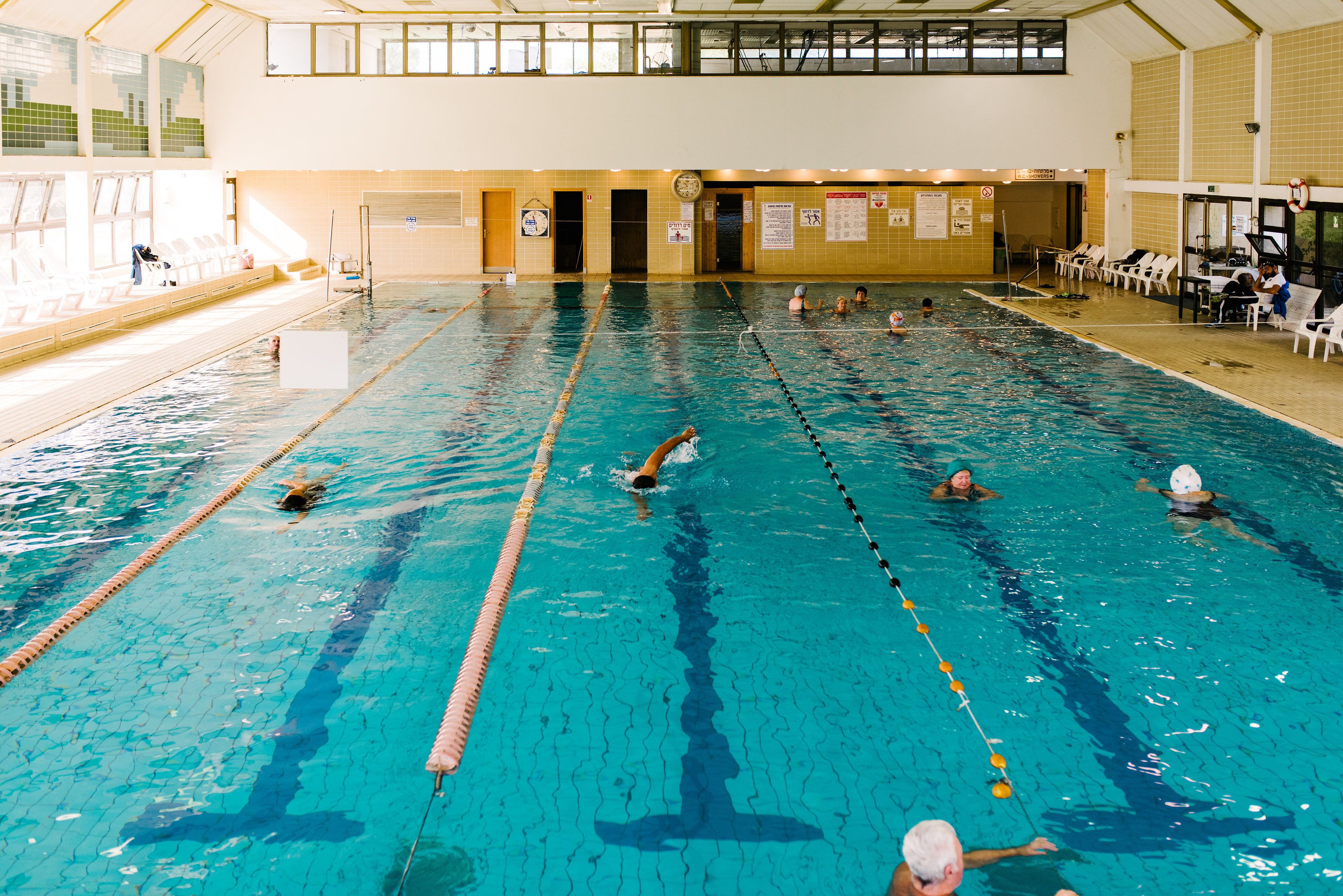 indoor pool, seasonal outdoor pool, pool loungers