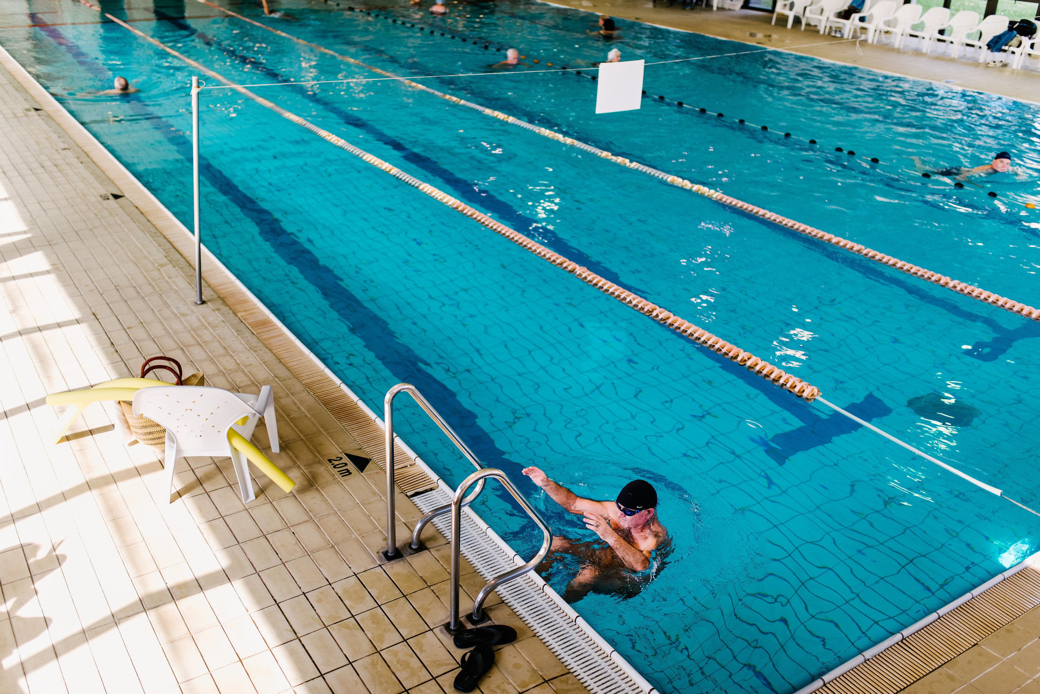indoor pool, seasonal outdoor pool, pool loungers