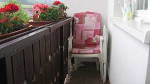 A balcony with a chair, potted plants, and a window. - Penzión Závada (Nova Lesna)