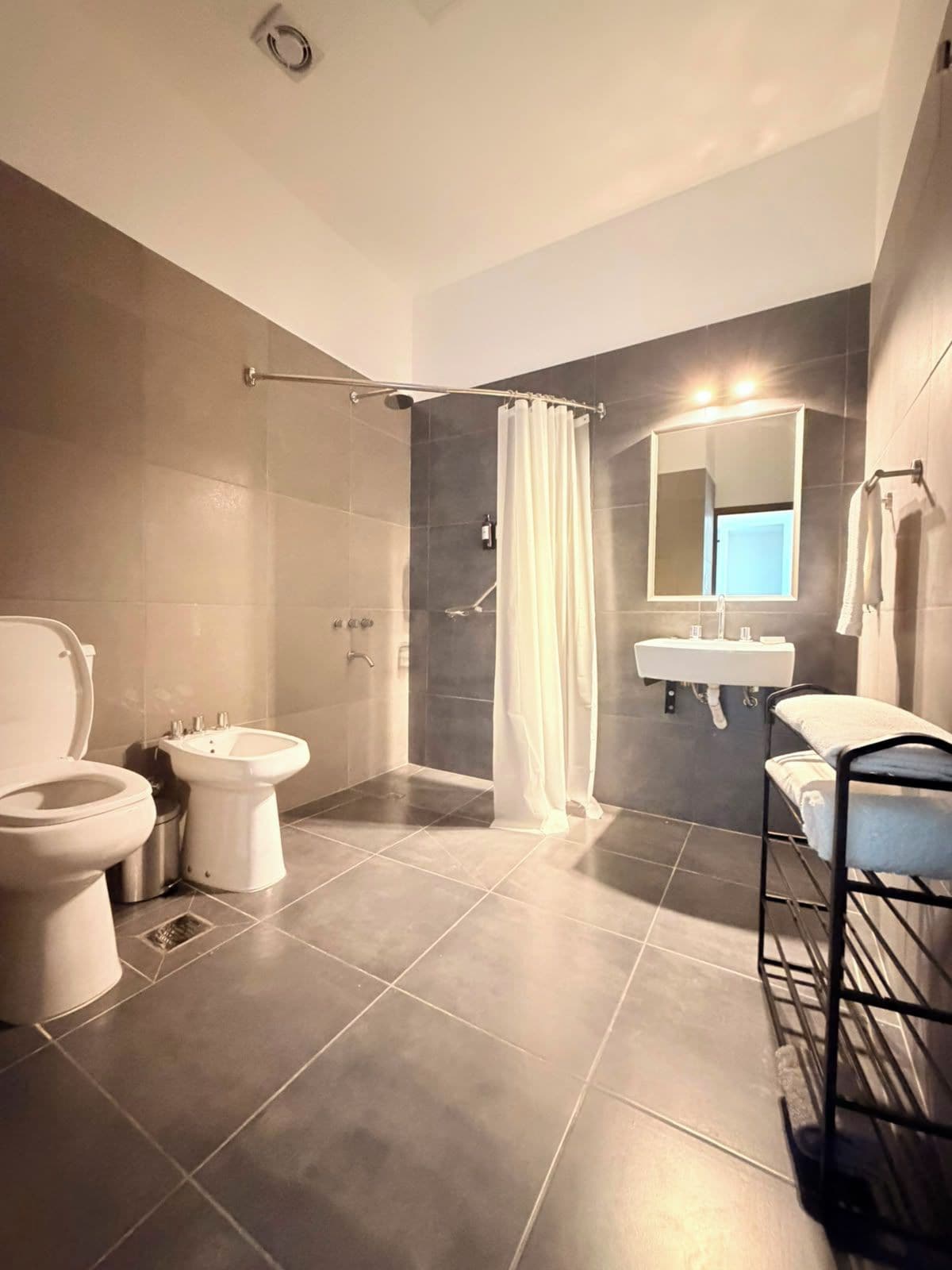 Een moderne badkamer met douche, toilet, hygiëneschuimer en wastafel.