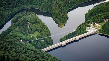 Eine Luftaufnahme eines Staudamms mit einer Brücke, umgeben von dichtem Wald.