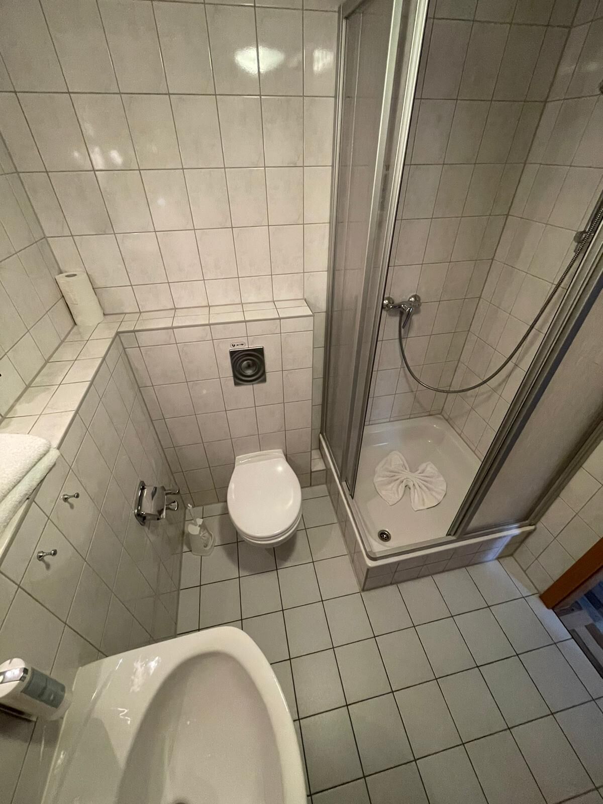 Ein Badezimmer mit Toilette, Bidet und Dusche.