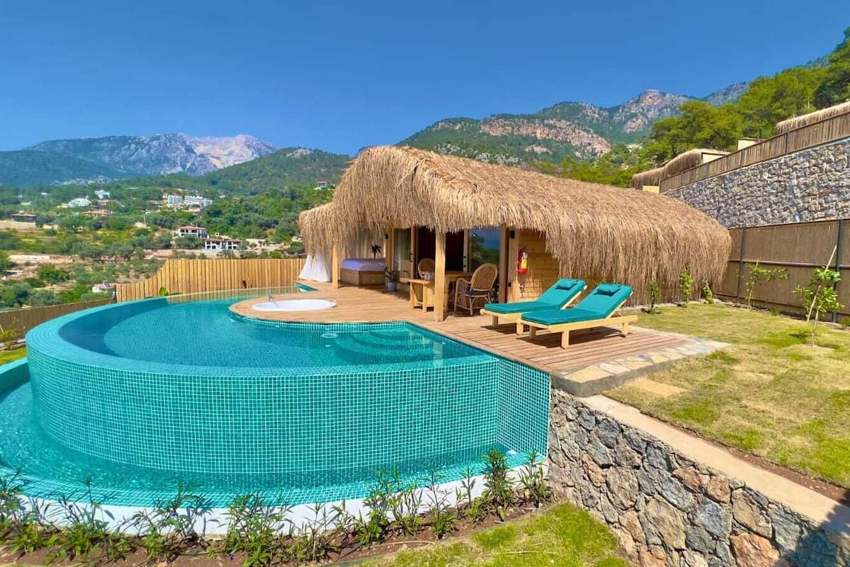 A swimming pool with a thatched-roof structure and lounge chairs.