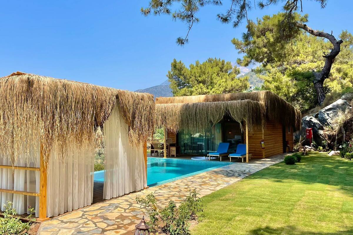 A poolside area with a thatched-roof structure, a clear blue pool, and a stone pathway leading to a wooden building with glass doors.