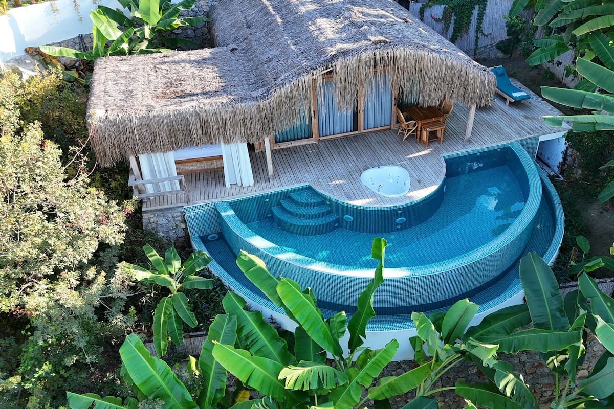 A thatched-roof house with a circular swimming pool and a wooden deck.