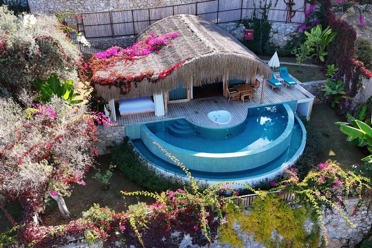 A thatched-roof house with a swimming pool and outdoor seating.