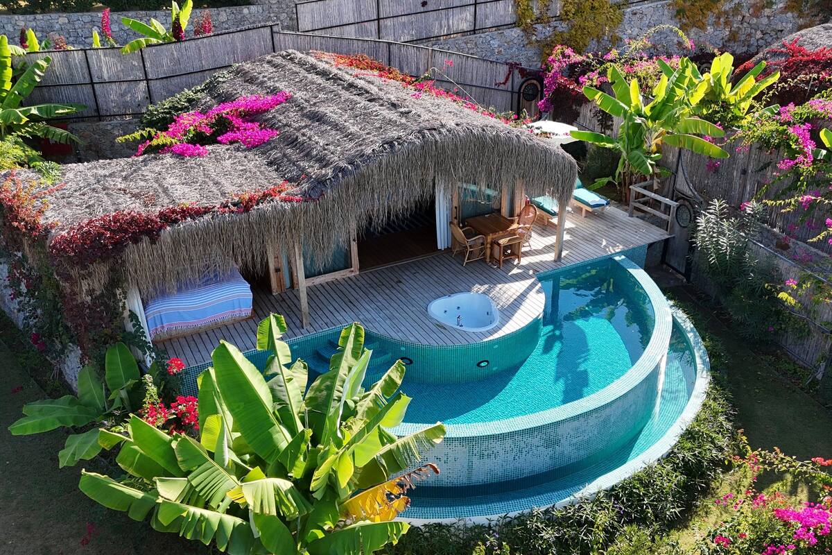 A circular swimming pool with a hot tub, surrounded by lush greenery and a thatched-roof structure.