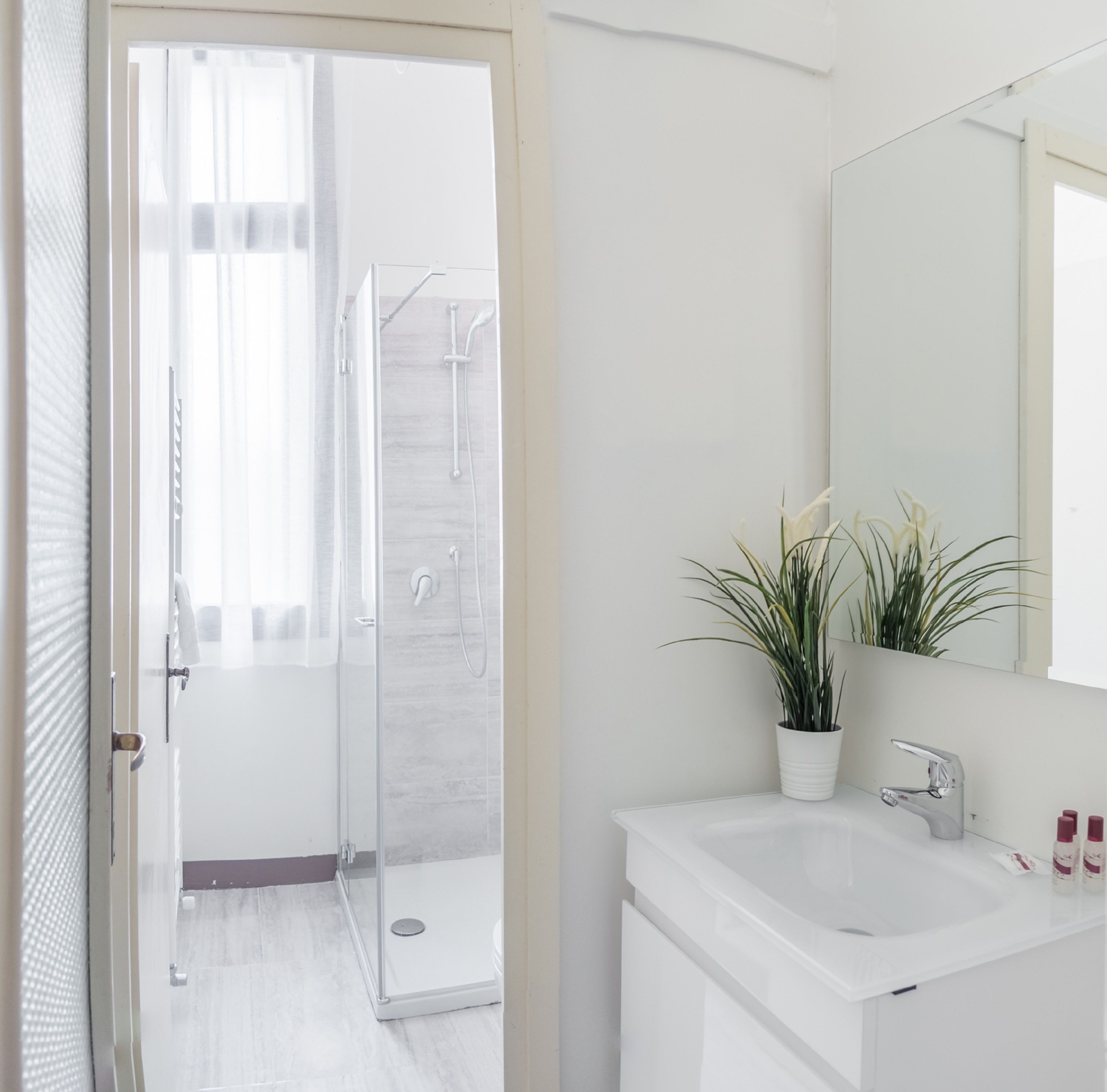 A modern bathroom with a glass shower enclosure, a white sink, and a potted plant.