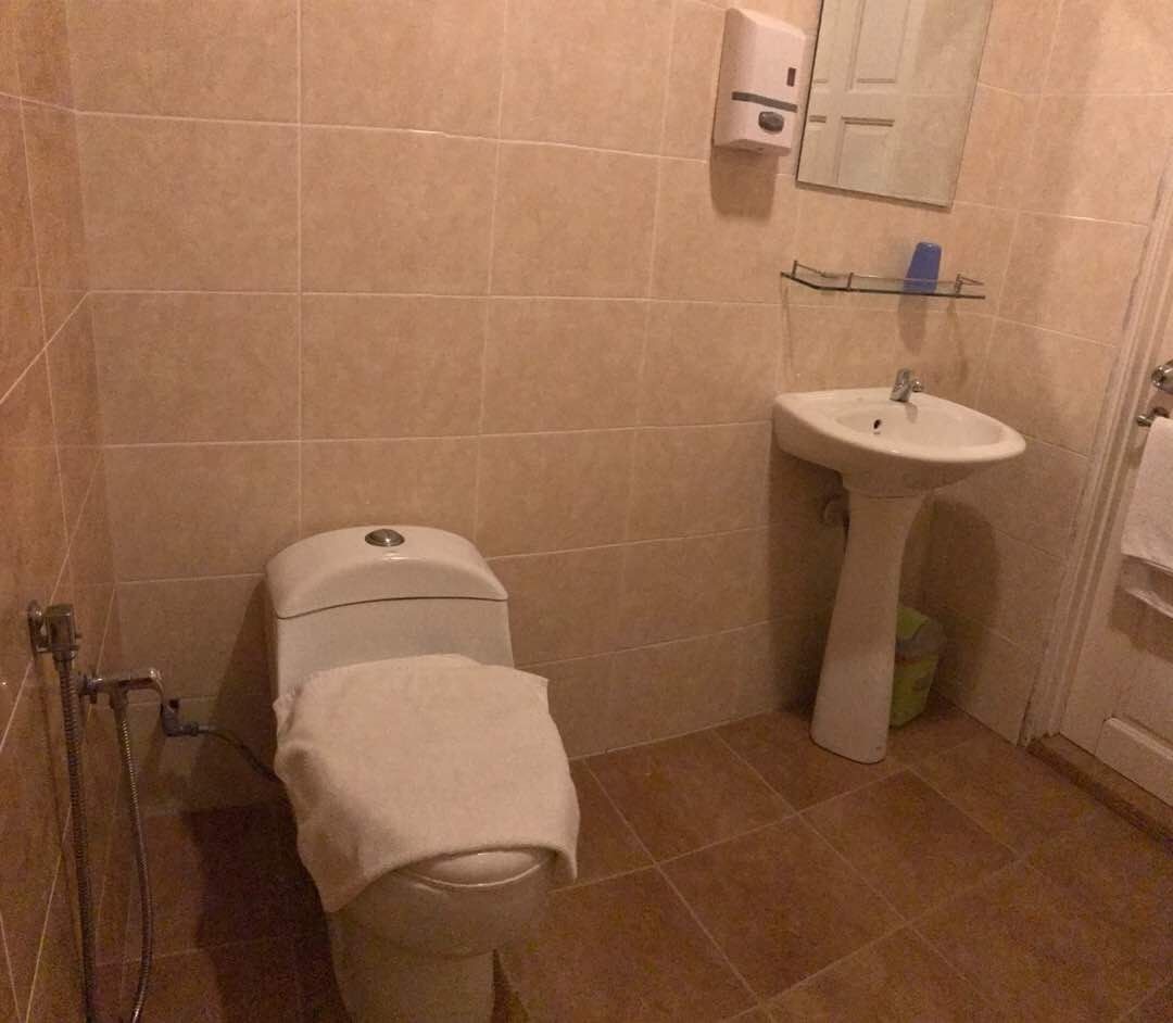 shower, hair dryer, bidet, towels