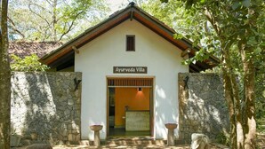 A building labeled "Ayurveda Villa" with a stone wall entrance, two potted plants, and a stone elephant sculpture. - Hotel Sigiriya (Dambulla)