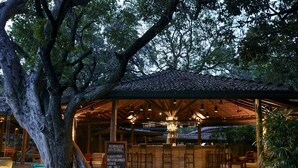An outdoor bar area with a wooden roof, bar stools, and a chalkboard menu. - Hotel Sigiriya (Dambulla)