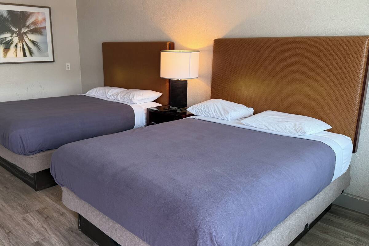 A hotel room with two beds, a nightstand with a lamp, a framed picture on the wall, and a wooden floor.