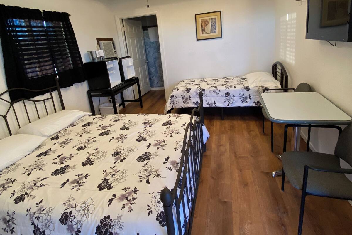 A bedroom with two beds, a ceiling fan, a desk, and a chair.