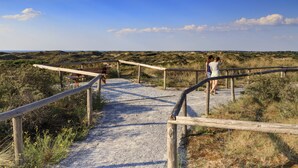 Ein Weg mit Holzauslegern zu einem Strand.