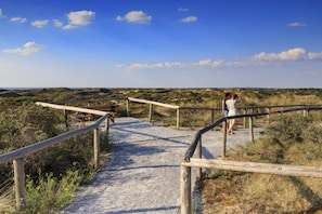 Un sentier bordé de rampes en bois qui mène à une plage.