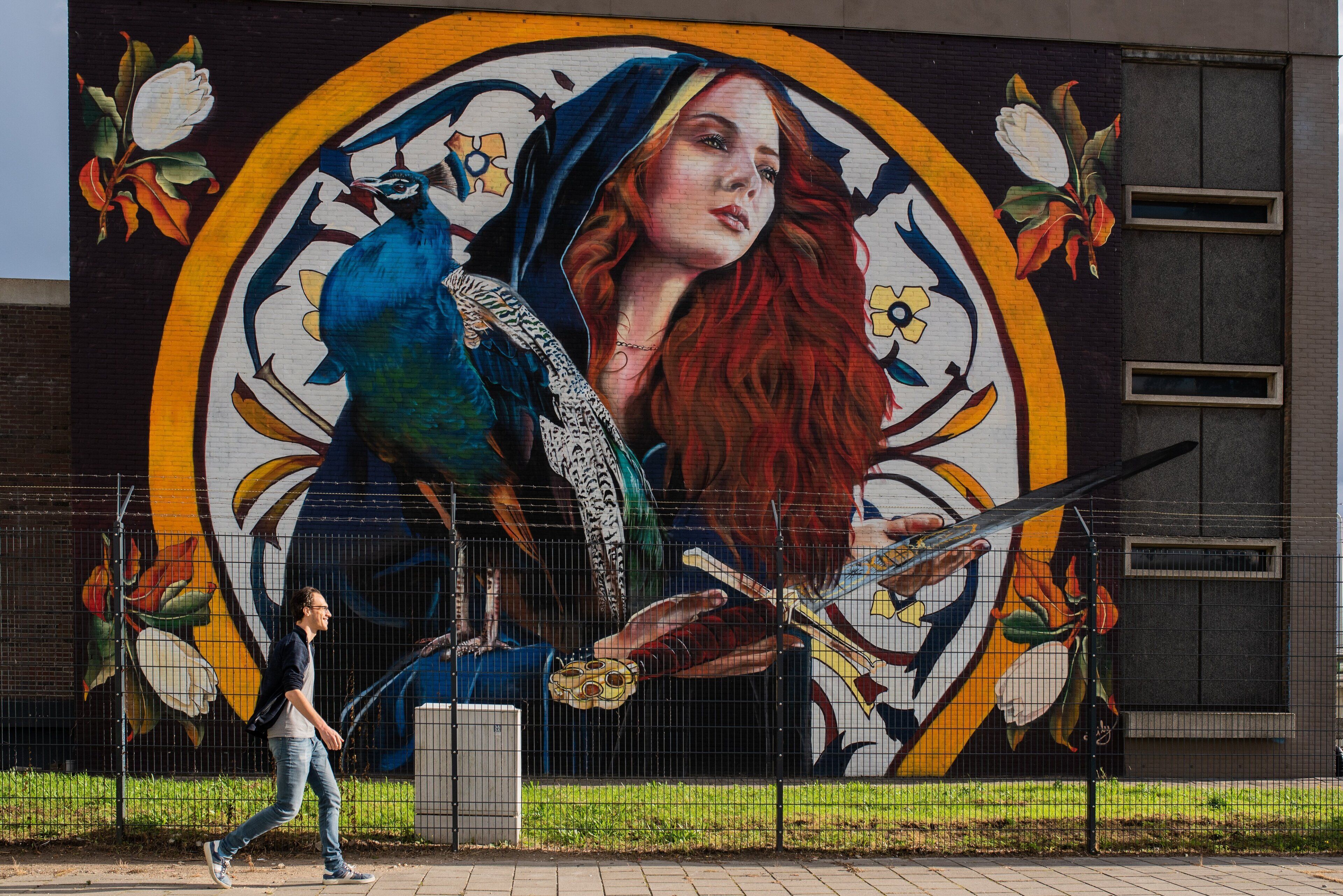A mural with a peacock and a woman holding a sword, a fence, and a pedestrian.