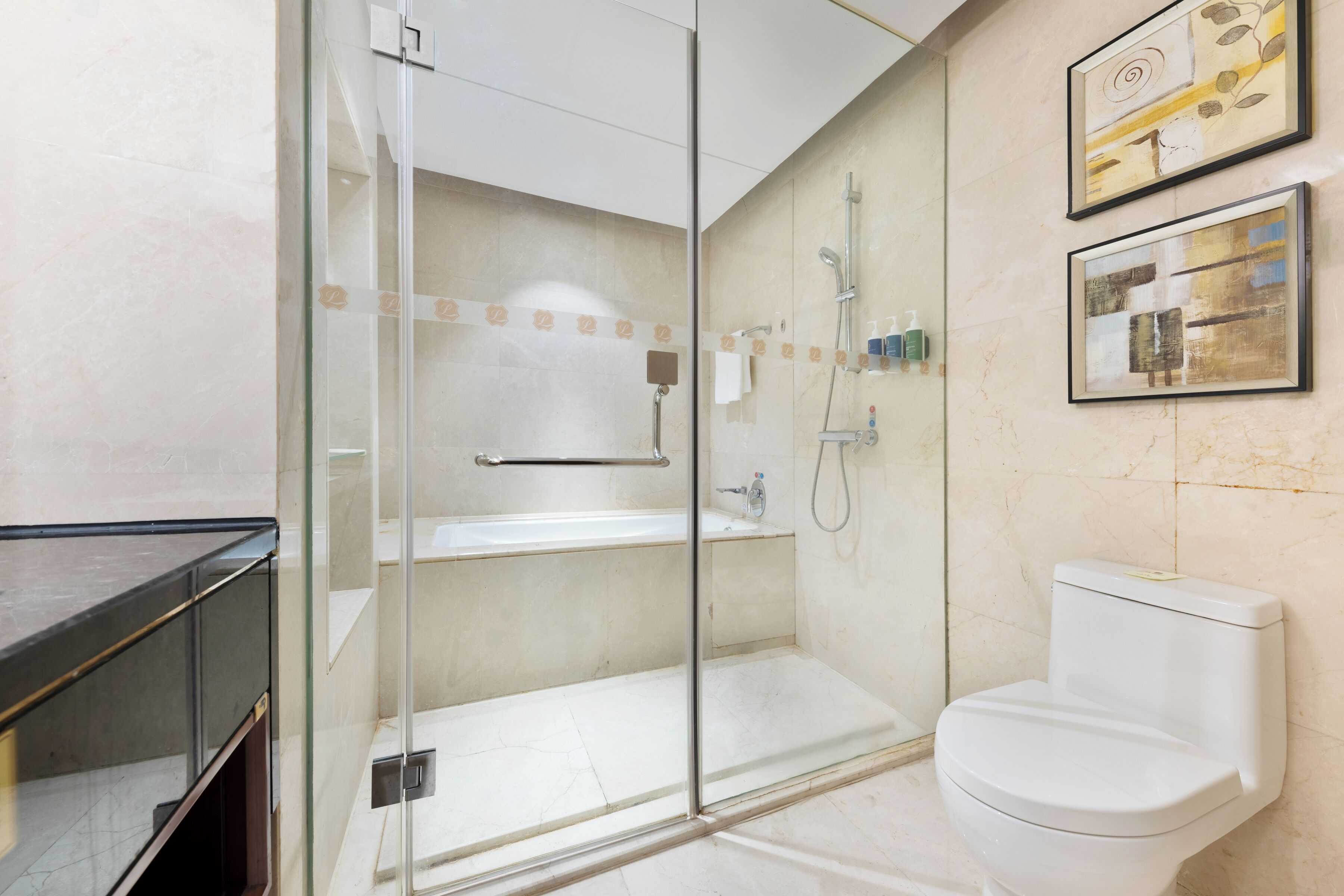 A modern bathroom with a glass shower enclosure, a white toilet, and a sink.