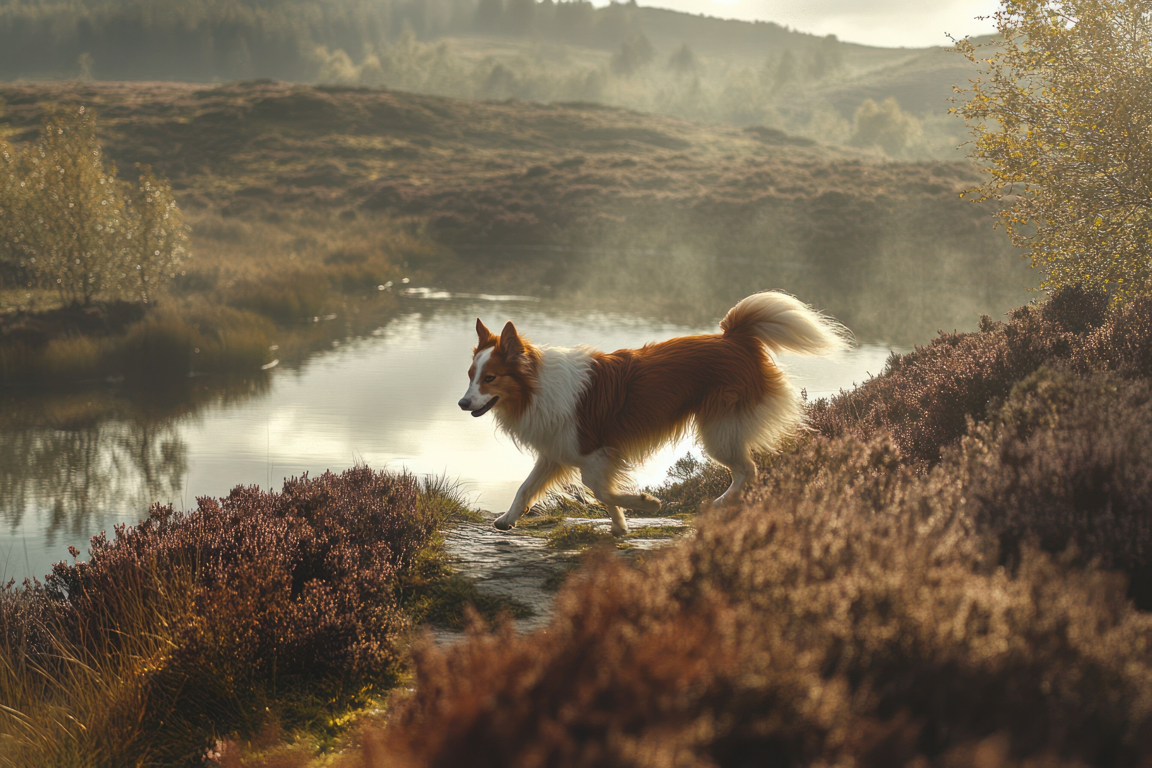 A dog walking along a riverbank with a misty landscape in the background.