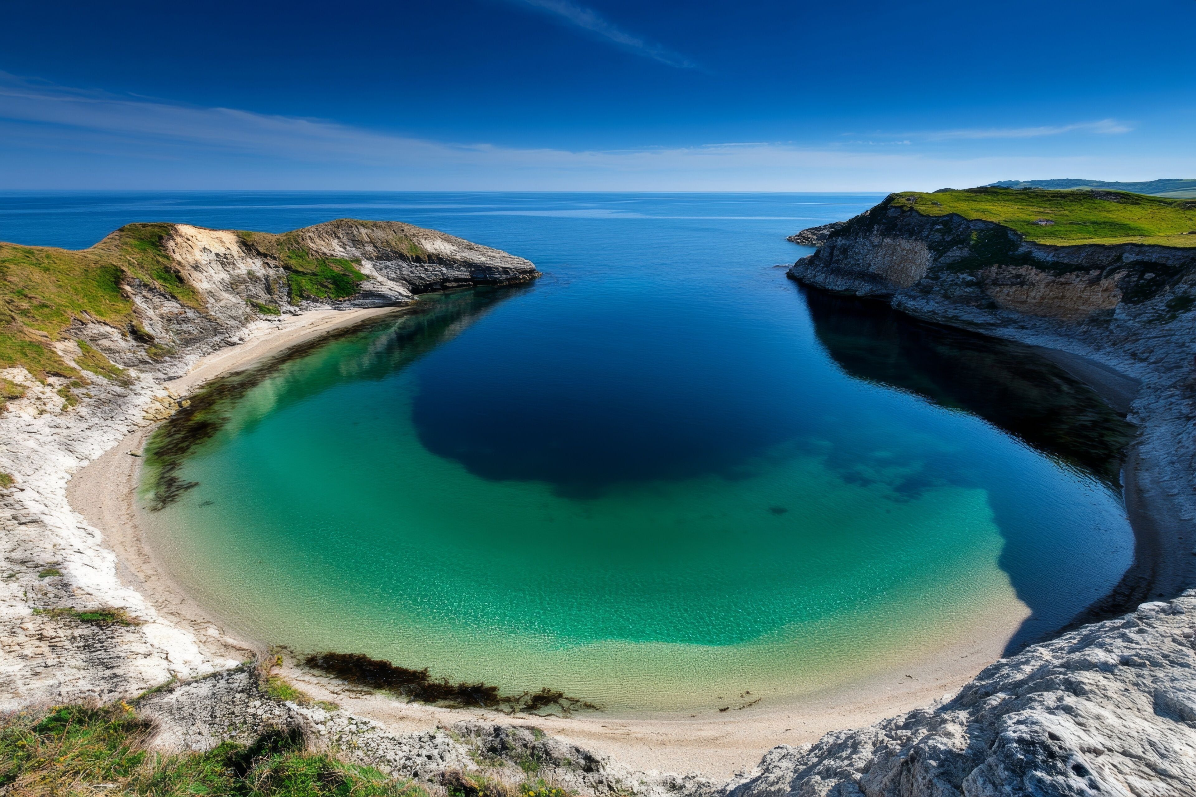 Un paisaje costero con mar azul cristalino, playa arenosa y acantilados rocosos.