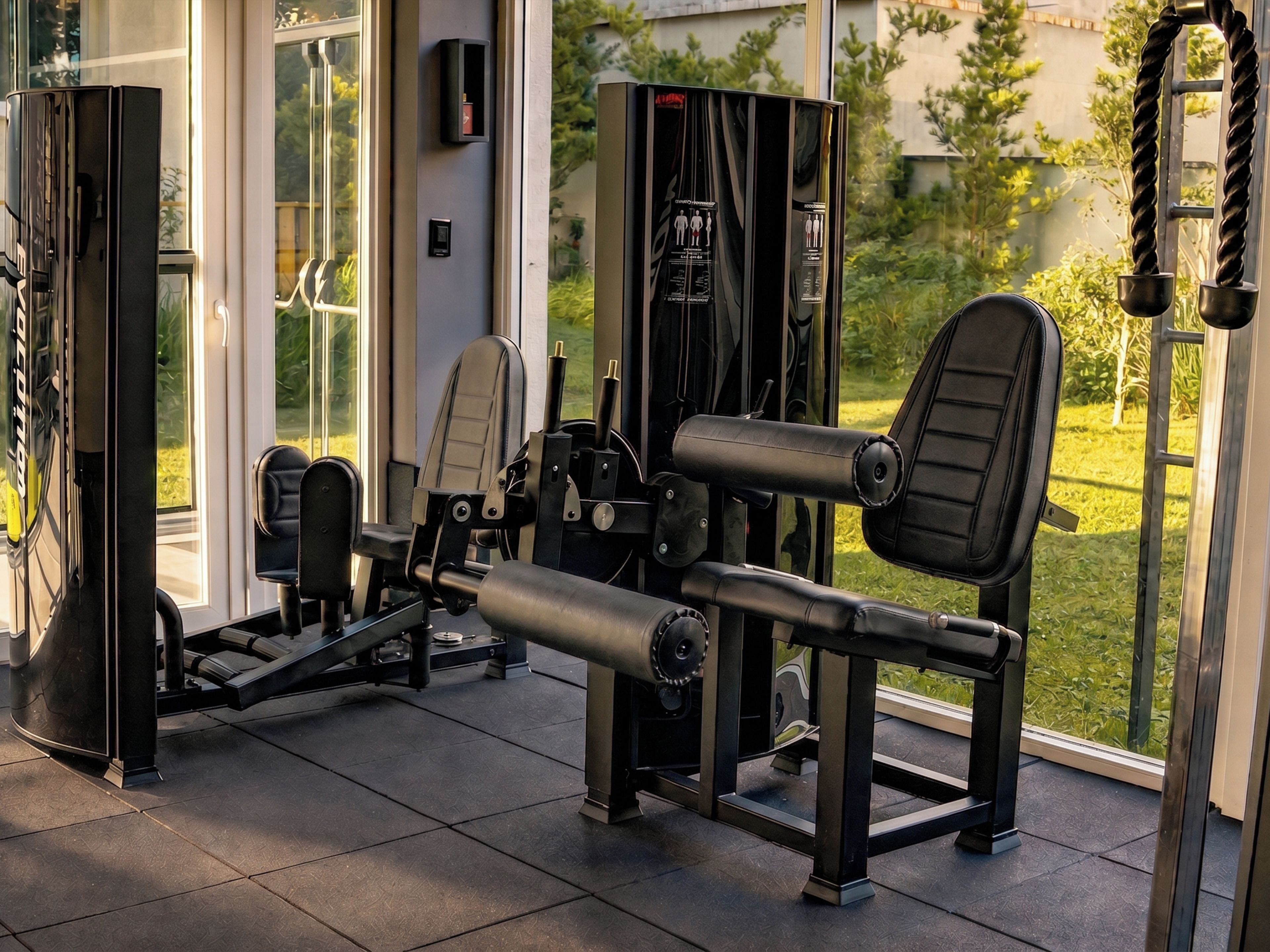 A gym with exercise equipment, a door, and a view of greenery outside.