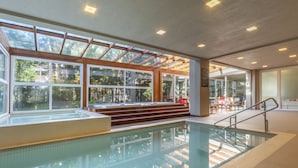 Una piscina interna con tetto in vetro, gradini in legno e vista sull'esterno.