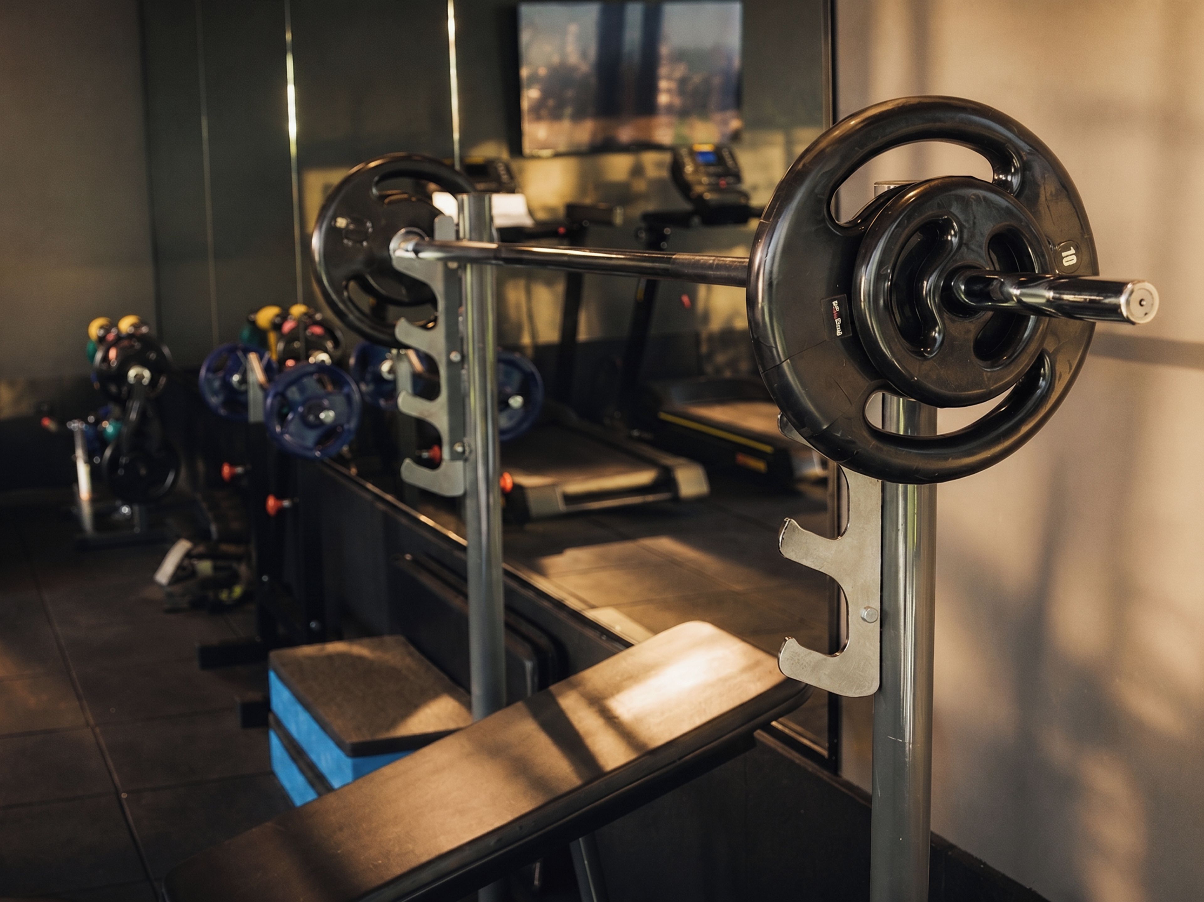 Un gimnasio con equipamiento de levantamiento de pesas, bancos y cintas de correr.
